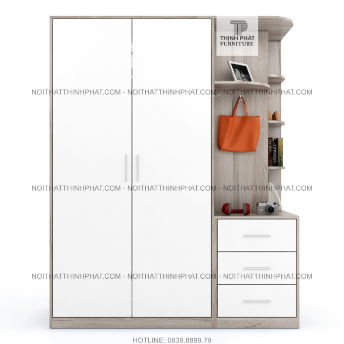 Tủ Quần Áo 1m6 x 2m Cánh Mở Kèm Kệ Trang Trí Bo Góc Và 3 Hộc Kéo Ngoài, Gỗ Mdf TQA23