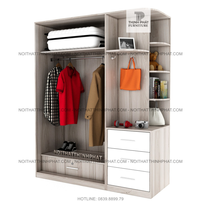 Tủ Quần Áo 1m6 x 2m Cánh Mở Kèm Kệ Trang Trí Bo Góc Và 3 Hộc Kéo Ngoài, Gỗ Mdf TQA23