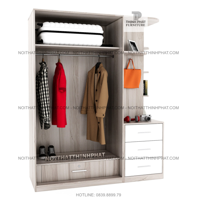 Tủ Quần Áo 1m6 x 2m Cánh Mở Kèm Kệ Trang Trí Bo Góc Và 3 Hộc Kéo Ngoài, Gỗ Mdf TQA23