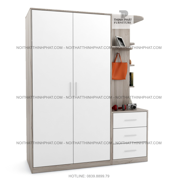 Tủ Quần Áo 1m6 x 2m Cánh Mở Kèm Kệ Trang Trí Bo Góc Và 3 Hộc Kéo Ngoài, Gỗ Mdf TQA23
