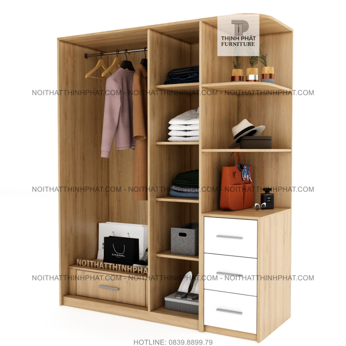 Tủ Quần Áo 1m6 X 2m Cửa Mở Kèm Kệ Trang Trí Bo Góc, Hiện Đại, Đa Năng, Gỗ Mdf Phủ Melamine TQA11