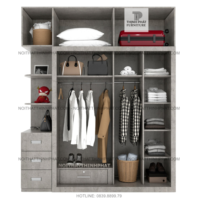Tủ Quần Áo 2 Tầng Cửa Lùa Kết Hợp Kệ Trang Trí Đẹp, Hiện Đại (TQA107)