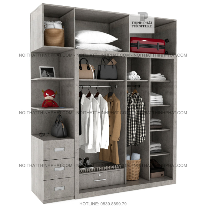 Tủ Quần Áo 2 Tầng Cửa Lùa Kết Hợp Kệ Trang Trí Đẹp, Hiện Đại (TQA107)