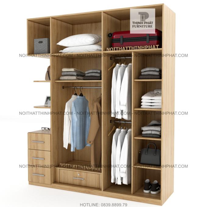 Tủ Quần Áo 2 Tầng Gỗ Công Nghiệp Cửa Mở Kết Hợp Kệ Trang Trí Màu Gỗ Sồi 2m x 2m4 TQA51