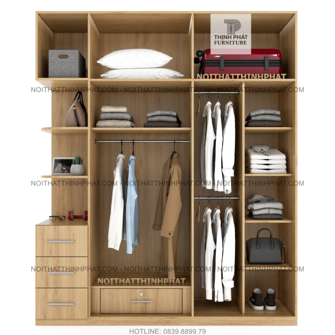 Tủ Quần Áo 2 Tầng Gỗ Công Nghiệp Cửa Mở Kết Hợp Kệ Trang Trí Màu Gỗ Sồi 2m x 2m4 TQA51
