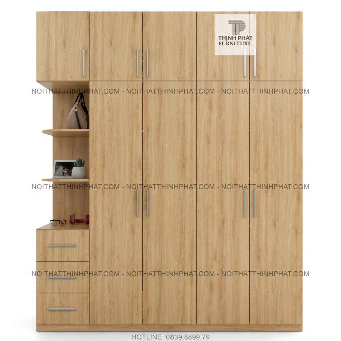 Tủ Quần Áo 2 Tầng Gỗ Công Nghiệp Cửa Mở Kết Hợp Kệ Trang Trí Màu Gỗ Sồi 2m x 2m4 TQA51