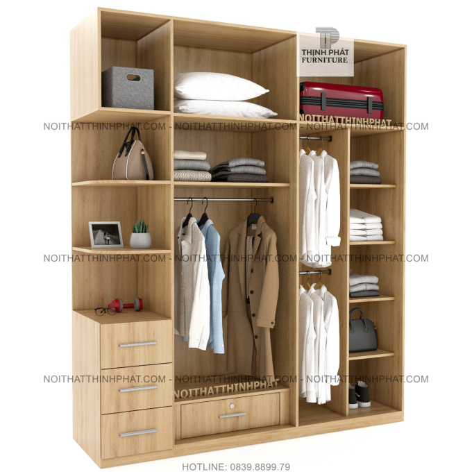 Tủ Quần Áo 2 Tầng Gỗ Công Nghiệp Cửa Mở Kết Hợp Kệ Trang Trí Màu Gỗ Sồi 2m x 2m4 TQA51