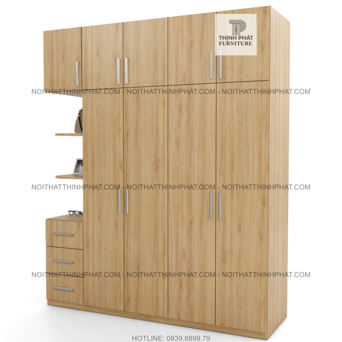 Tủ Quần Áo 2 Tầng Gỗ Công Nghiệp Cửa Mở Kết Hợp Kệ Trang Trí Màu Gỗ Sồi 2m x 2m4 TQA51