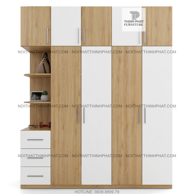 Tủ Quần Áo 2 Tầng Gỗ Công Nghiệp Cửa Mở Kết Hợp Kệ Trang Trí Màu Gỗ Sồi Phối Trắng 2m x 2m4 TQA51-2