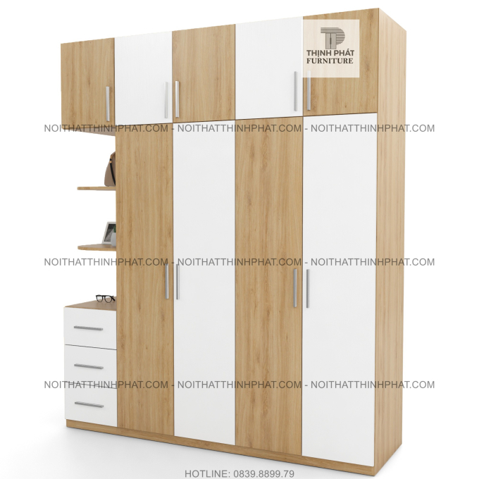 Tủ Quần Áo 2 Tầng Gỗ Công Nghiệp Cửa Mở Kết Hợp Kệ Trang Trí Màu Gỗ Sồi Phối Trắng 2m x 2m4 TQA51-2