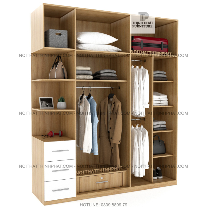 Tủ Quần Áo 2 Tầng Gỗ Công Nghiệp Cửa Mở Kết Hợp Kệ Trang Trí Màu Gỗ Sồi Phối Trắng 2m x 2m4 TQA51-2