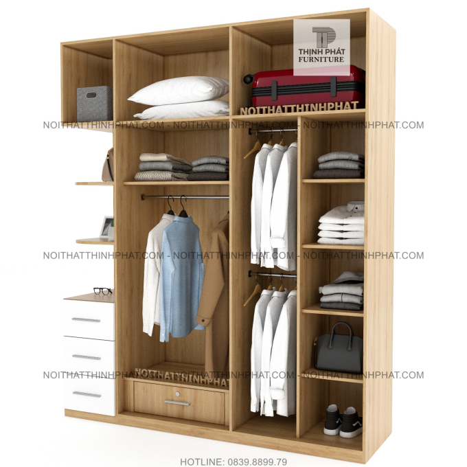 Tủ Quần Áo 2 Tầng Gỗ Công Nghiệp Cửa Mở Kết Hợp Kệ Trang Trí Màu Gỗ Sồi Phối Trắng 2m x 2m4 TQA51-2