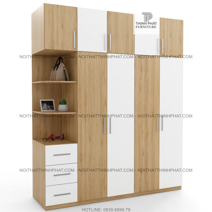Tủ Quần Áo 2 Tầng Gỗ Công Nghiệp Cửa Mở Kết Hợp Kệ Trang Trí Màu Gỗ Sồi Phối Trắng 2m x 2m4 TQA51-2
