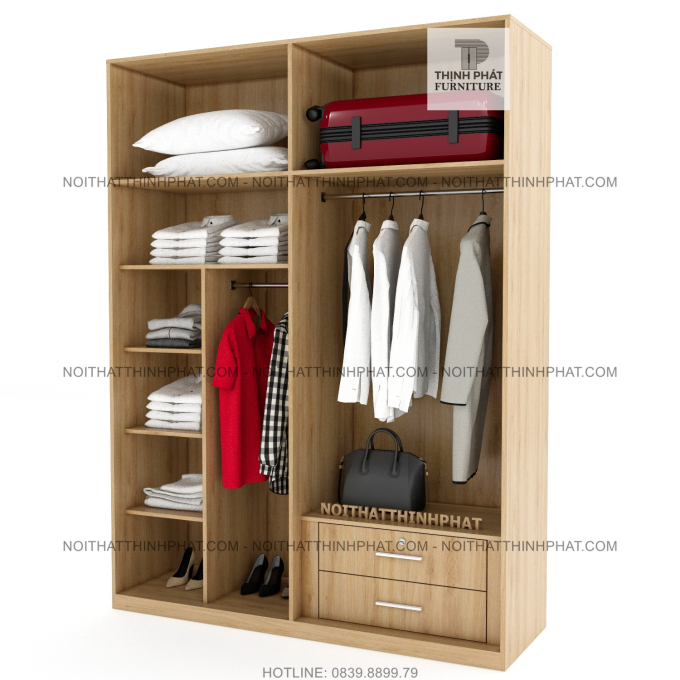 Tủ Quần Áo 2 Tầng Sát Trần Gỗ Công Nghiệp Cửa Mở, Tiết Kiệm Không Gian Màu Vân Gỗ Sang Trọng TQA52 (1m6 x 2m4)