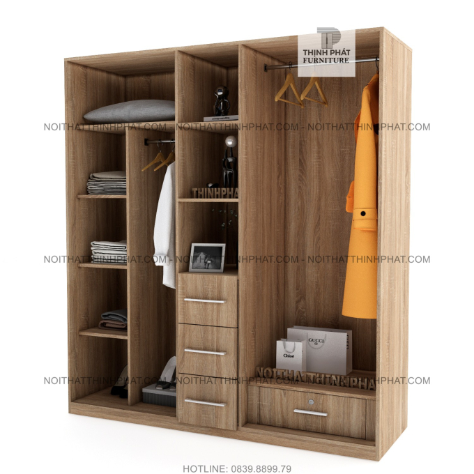 Tủ Quần Áo 2m X 2m 4 Cánh Mở Kết Hợp Kệ Trang Trí, Thiết Kế Tinh Tế, Gỗ Mdf Phủ Melamine TQA14