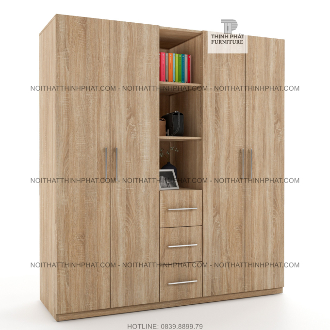 Tủ Quần Áo 2m X 2m 4 Cánh Mở Kết Hợp Kệ Trang Trí, Thiết Kế Tinh Tế, Gỗ Mdf Phủ Melamine TQA14