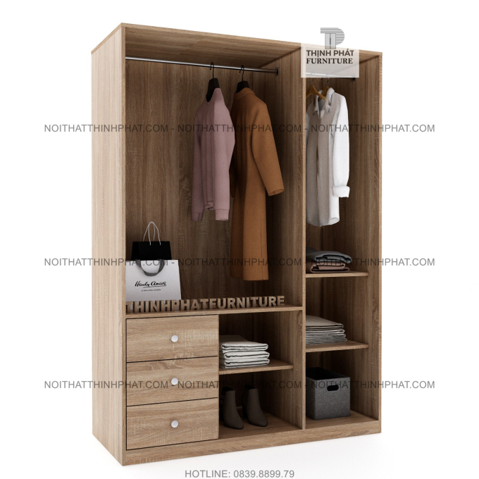 Tủ Quần Áo Cánh Mở 1m2 X 2m Hiện Đại, 3 Hộc Kéo Ngoài, Gỗ Mdf Phủ Melamine TQA08