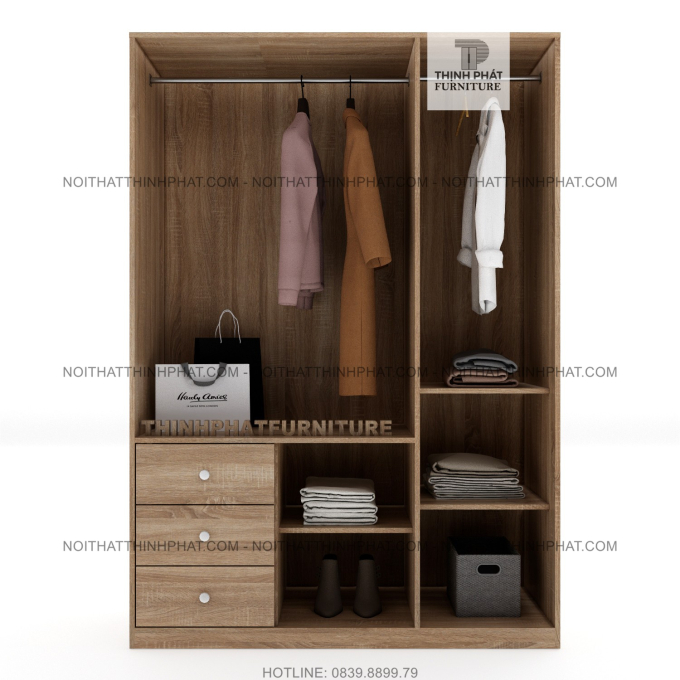Tủ Quần Áo Cánh Mở 1m2 X 2m Hiện Đại, 3 Hộc Kéo Ngoài, Gỗ Mdf Phủ Melamine TQA08