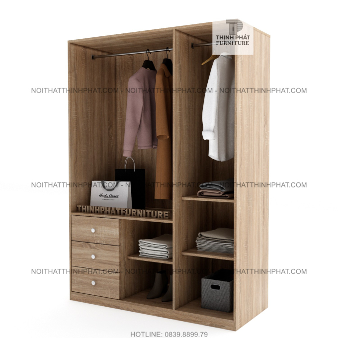 Tủ Quần Áo Cánh Mở 1m2 X 2m Hiện Đại, 3 Hộc Kéo Ngoài, Gỗ Mdf Phủ Melamine TQA08