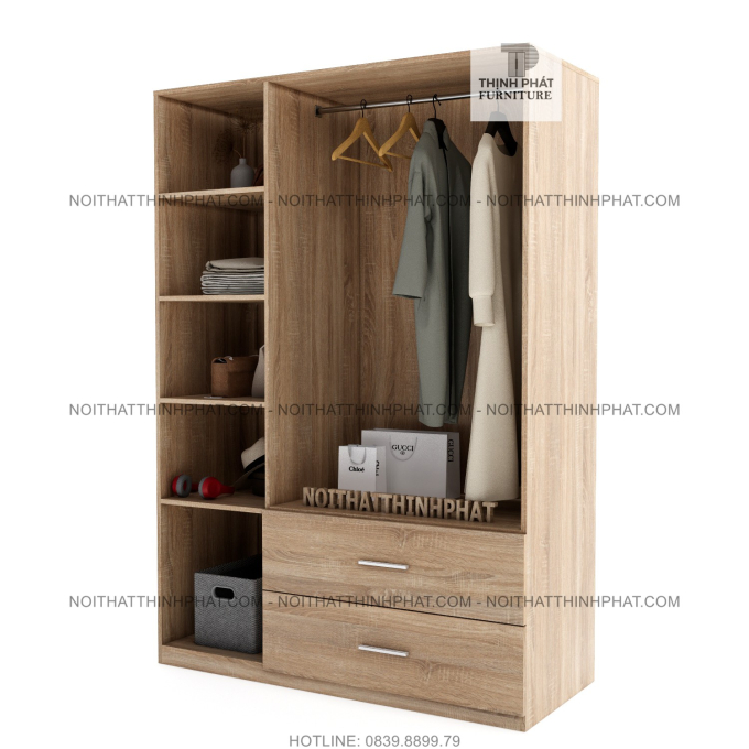 Tủ Quần Áo Cánh Mở 1m2 X 2m Thời Trang Hiện Đại, 2 Hộc Kéo Ngoài TQA10