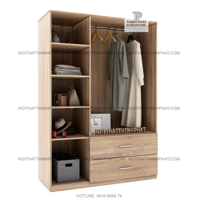 Tủ Quần Áo Cánh Mở 1m2 X 2m Thời Trang Hiện Đại, 2 Hộc Kéo Ngoài TQA10
