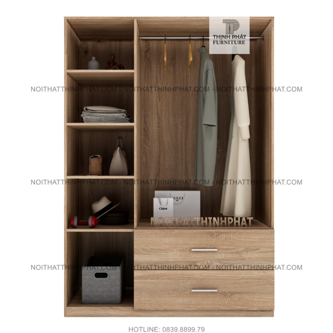 Tủ Quần Áo Cánh Mở 1m2 X 2m Thời Trang Hiện Đại, 2 Hộc Kéo Ngoài TQA10