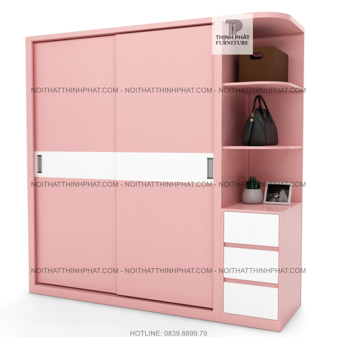 Tủ Quần Áo Cửa Lùa Kết Hợp Kệ Trang Trí Màu Hồng (2M X 2M) TQA60