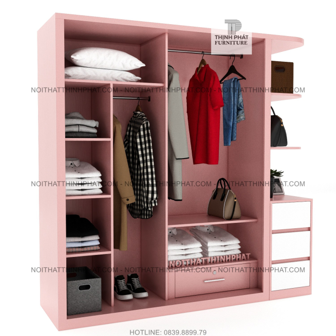 Tủ Quần Áo Cửa Lùa Kết Hợp Kệ Trang Trí Màu Hồng (2M X 2M) TQA60