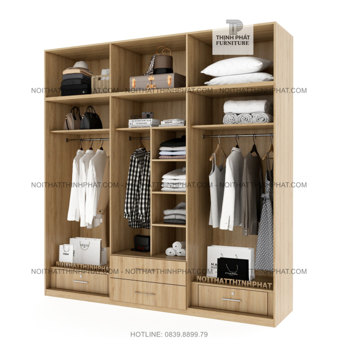 Tủ Quần Áo Gỗ Công Nghiệp 2 Tầng, Sát Trần Cửa Mở 6 Cánh, Thiết Kế Tinh Tế Và Tiện Ích 2M4 X 2M5 TQA63