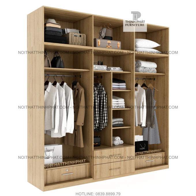 Tủ Quần Áo Gỗ Công Nghiệp 2 Tầng, Sát Trần Cửa Mở 6 Cánh, Thiết Kế Tinh Tế Và Tiện Ích 2M4 X 2M5 TQA63