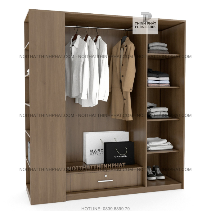 Tủ Quần Áo Gỗ Công Nghiệp Cửa Mở Kết Hợp Kệ Trang Trí Hiện Đại  1m8 x 2m TQA54
