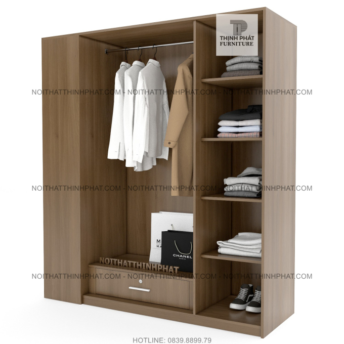 Tủ Quần Áo Gỗ Công Nghiệp Cửa Mở Kết Hợp Kệ Trang Trí Hiện Đại  1m8 x 2m TQA54