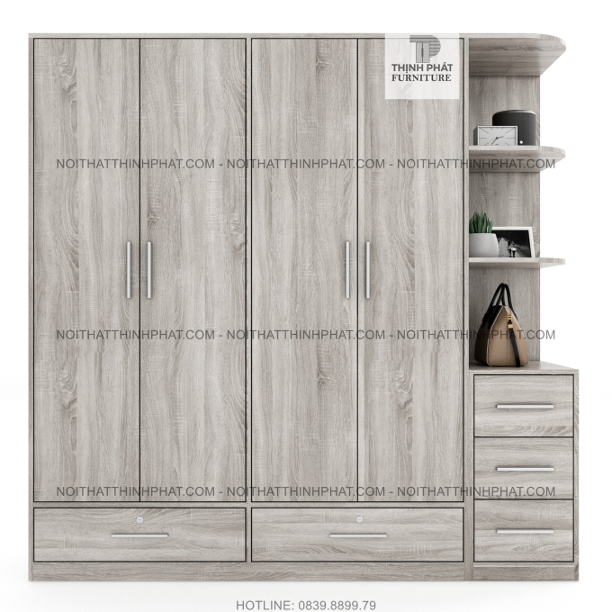 Tủ Quần Áo Gỗ Công Nghiệp Mdf Phủ Melamine Cửa Mở Có Kệ Trang Trí  Màu Gỗ Xám Sang Trọng 2m x 2m TQA55