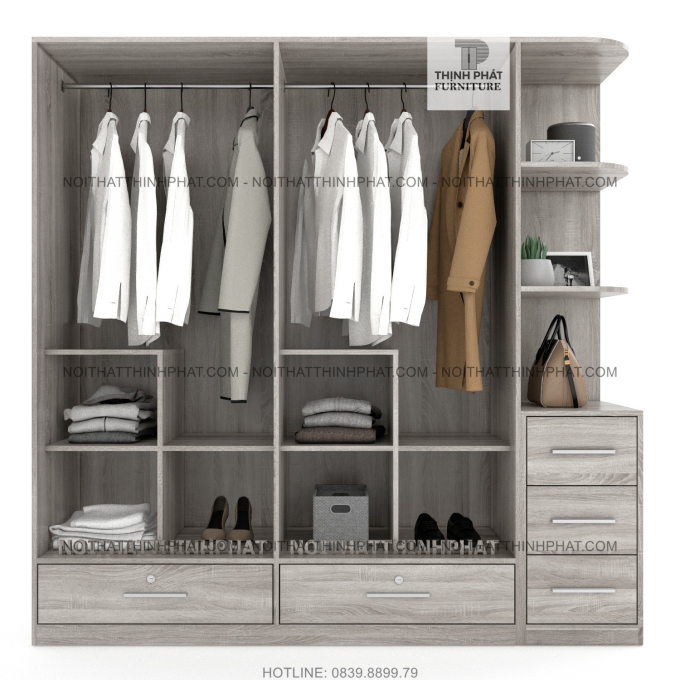 Tủ Quần Áo Gỗ Công Nghiệp Mdf Phủ Melamine Cửa Mở Có Kệ Trang Trí  Màu Gỗ Xám Sang Trọng 2m x 2m TQA55