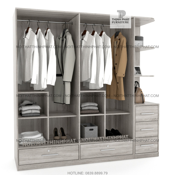 Tủ Quần Áo Gỗ Công Nghiệp Mdf Phủ Melamine Cửa Mở Có Kệ Trang Trí  Màu Gỗ Xám Sang Trọng 2m x 2m TQA55