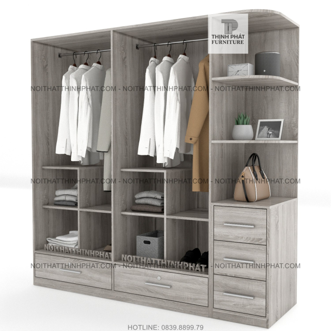 Tủ Quần Áo Gỗ Công Nghiệp Mdf Phủ Melamine Cửa Mở Có Kệ Trang Trí  Màu Gỗ Xám Sang Trọng 2m x 2m TQA55