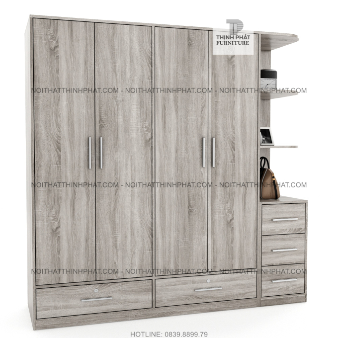 Tủ Quần Áo Gỗ Công Nghiệp Mdf Phủ Melamine Cửa Mở Có Kệ Trang Trí  Màu Gỗ Xám Sang Trọng 2m x 2m TQA55