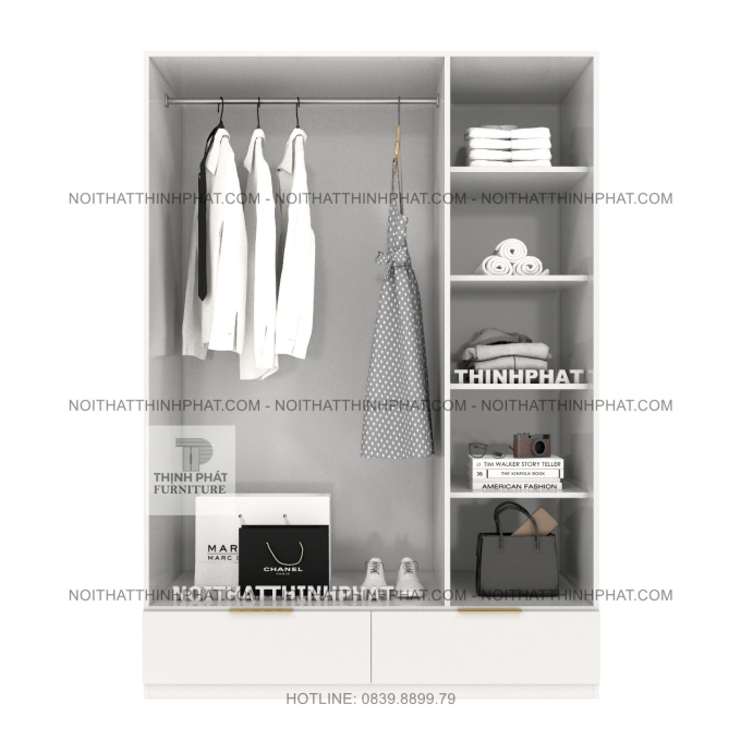 Tủ Quần Áo Gỗ MDF Hiện Đại 3 Cánh 2 Ngăn Kéo Màu Óc Chó Sang Trọng TQA79 (1M4 X 2M)