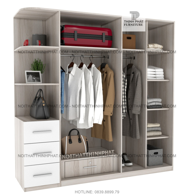 Tủ Quần Áo Hiện Đại Kết Hợp Kệ Trang Trí, Cửa Mở Với 3 Hộc Kéo Ngoài Sang Trọng TQA58 (2m x 2m)